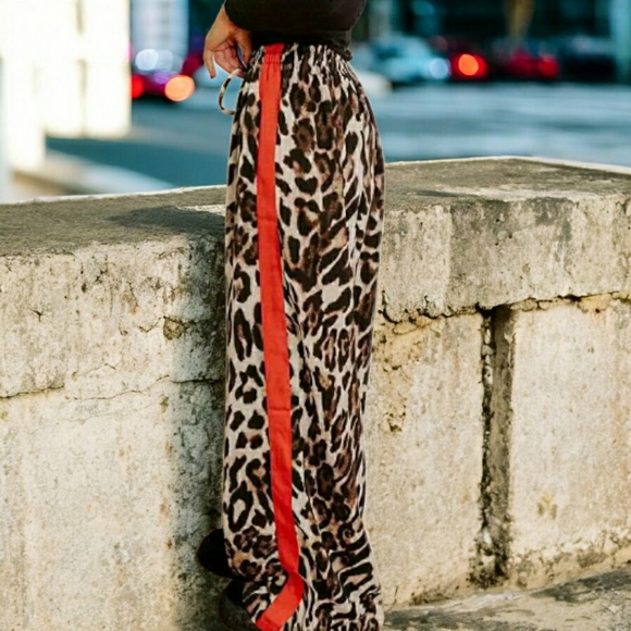 HOT! Leopard Print Wide-Leg Pants with Red Stripe (Multiple Sizes Available) - Picture 3 of 14